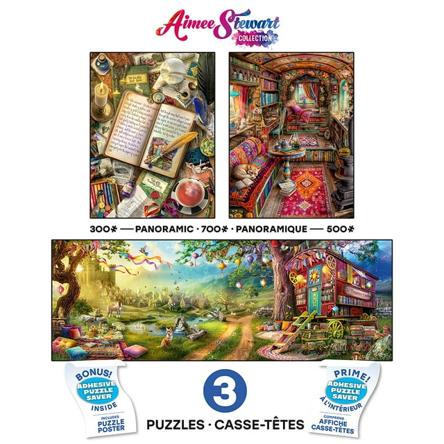 Buffalo Games Aimee Stewart 3 In 1 Multipack Interlocking Jigsaw Puzzle for Adults Ages 14-99 Years featuring three puzzles: a 300-piece still life with an open book, candle, and tea; a 500-piece cozy library interior with colorful rugs and bookshelves; and a 700-piece panoramic outdoor scene with a caravan, animals, and castle, including a bonus adhesive puzzle saver and full-color poster.
