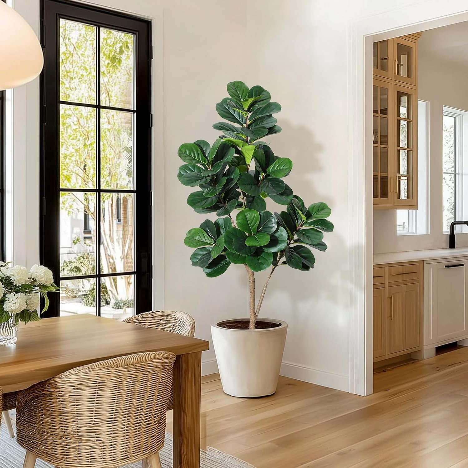4FT Fiddle Leaf Fig Tree Artificial, Realistic Faux Ficus Lyrata Trees with 141 Leaves, Indoor Fake Floor Plants for Home Office Living Room Decor, with 9" White Planter Pot