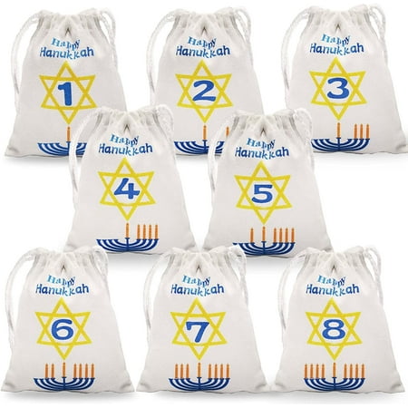8 Nights of Hanukkah Gift Bags, 8 pack Hanukkah Countdown Calendar Drawstring Bags Festival of Lights Burlap Favor Bag for Kids Chanukah Hanukkah Decorations(Menorah Design)