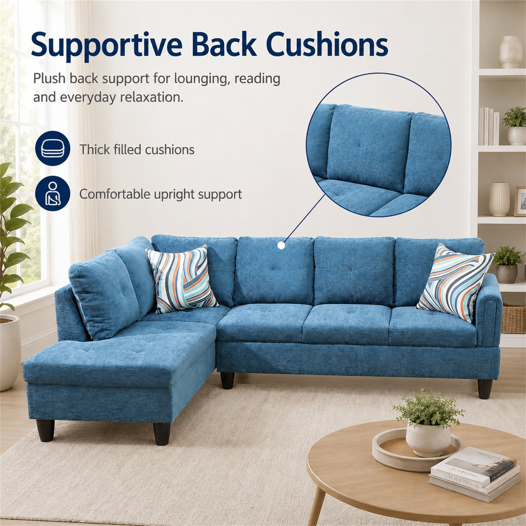 Aukfa 97" Classic Sectional Sofa 4 Seat L shape Couch with Oversized Left Chaise for Living Room, 2Pillows, Linen, Blue
