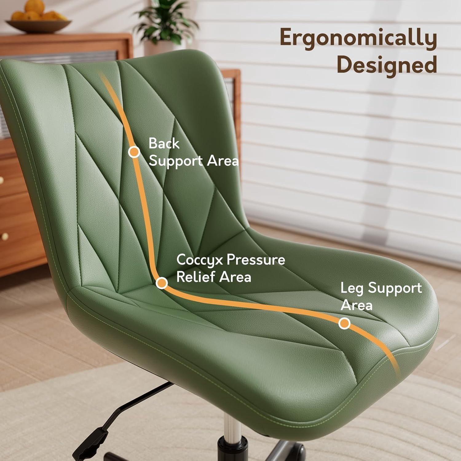 HomeZeer Space Saving Armless Office Chair with Wheels, Adjustable Height PU Leather Swivel Computer Task Chair, Soft Padded Mid Back Vanity Chair Design for Home Office & Small Spaces, Green