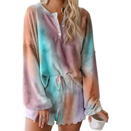 

Womens Tie Dye Printed Ruffle Short Lounge Set Long Sleeve Tops and Shorts 2 Piece Pajamas Set Sleepwear