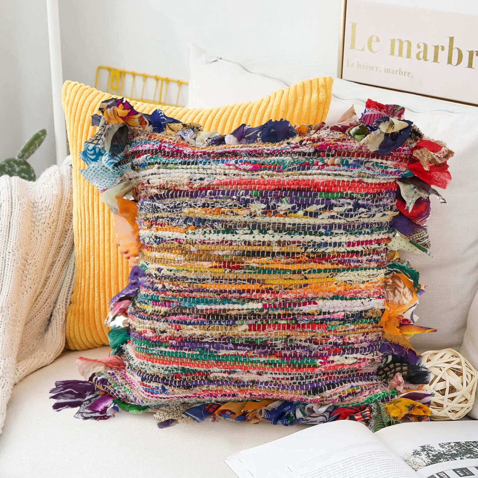Ox Bay Eli Set of 4 Boho Striped 18" x 18” Recycled Material Adult Decorative Feather Filled Pillow Set