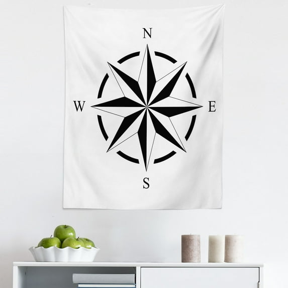 Nautical Party Tapestry, Illustration of a Monochrome Compass Showing North South East West, Fabric Wall Hanging Decor for Bedroom Living Room Dorm, 5 Sizes, Charcoal Grey White, by Ambesonne