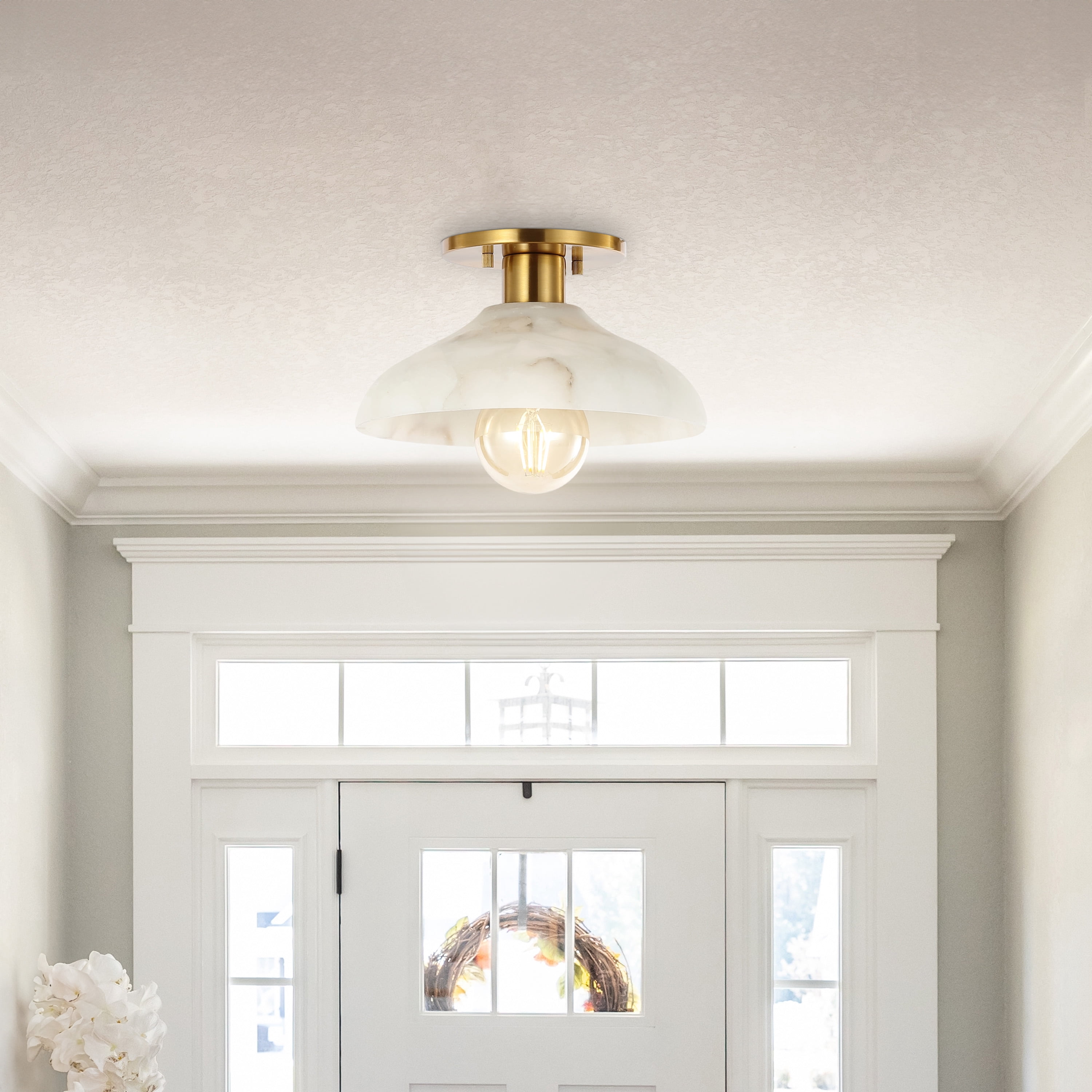 JONATHAN Y Amara 10" 1-Light Mid-Century Classic Alabaster/Iron LED Semi Flush Mount, White/Brass Gold