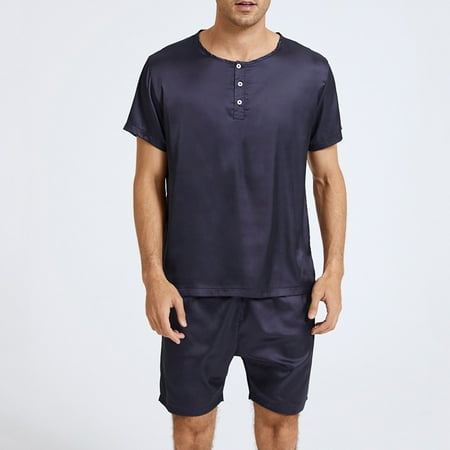 

Hunpta Men s Solid Color Short Sleeve Shorts Imitation Silk Color Ding Pajamas Home Suit