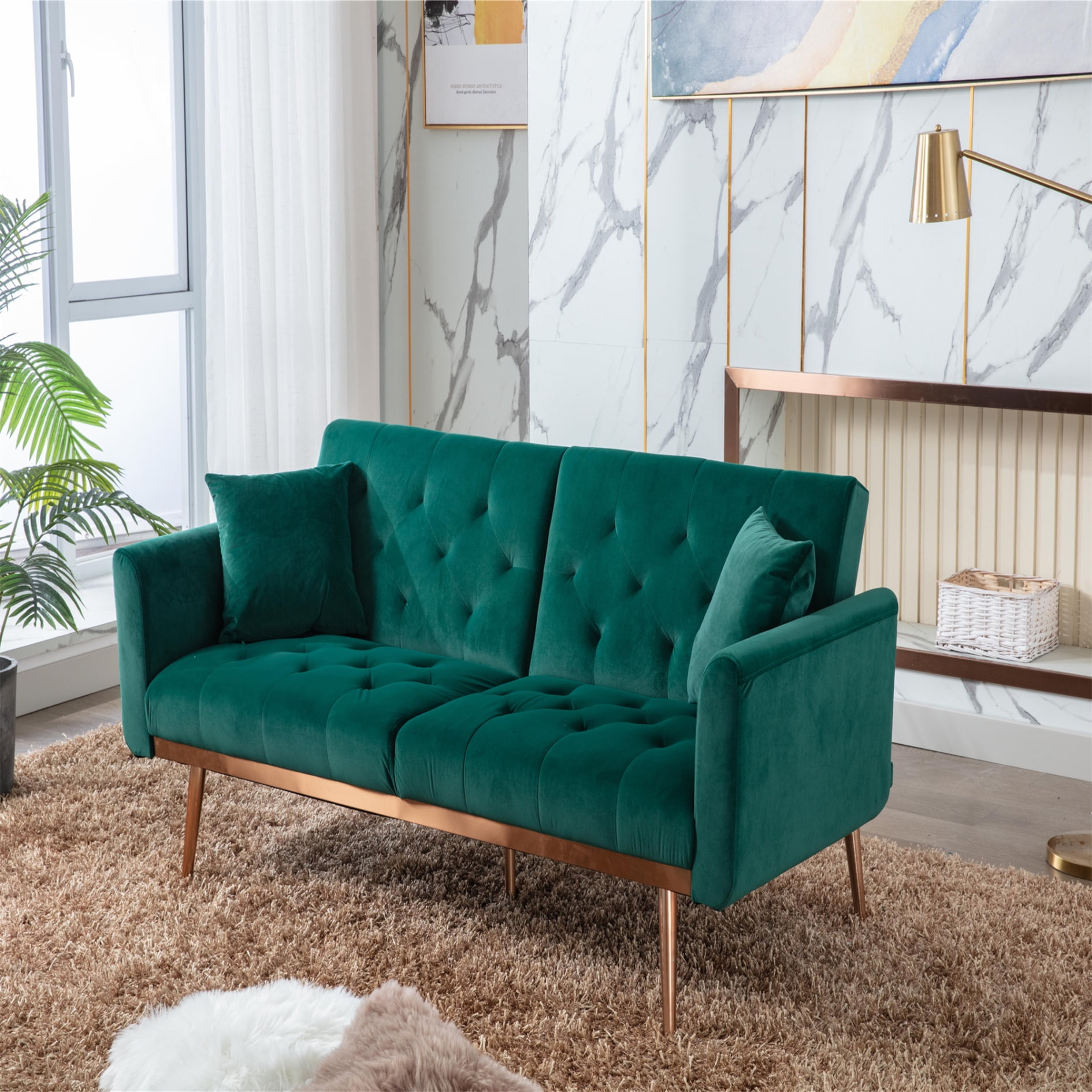 Loveseat Sofa, Velvet Sofa Couch, Convertible Sofa Bed with Two Pillow