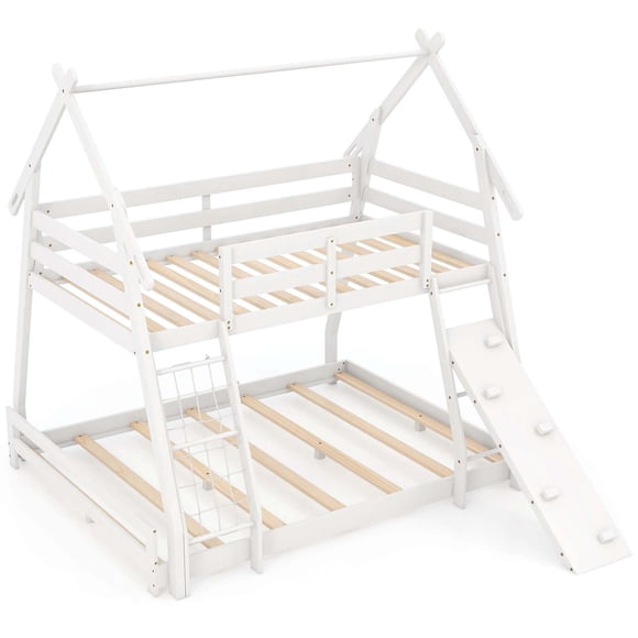 Costway Twin Over Queen Bunk Bed House Shaped Bed Frame with Climbing Nets and Ramp White