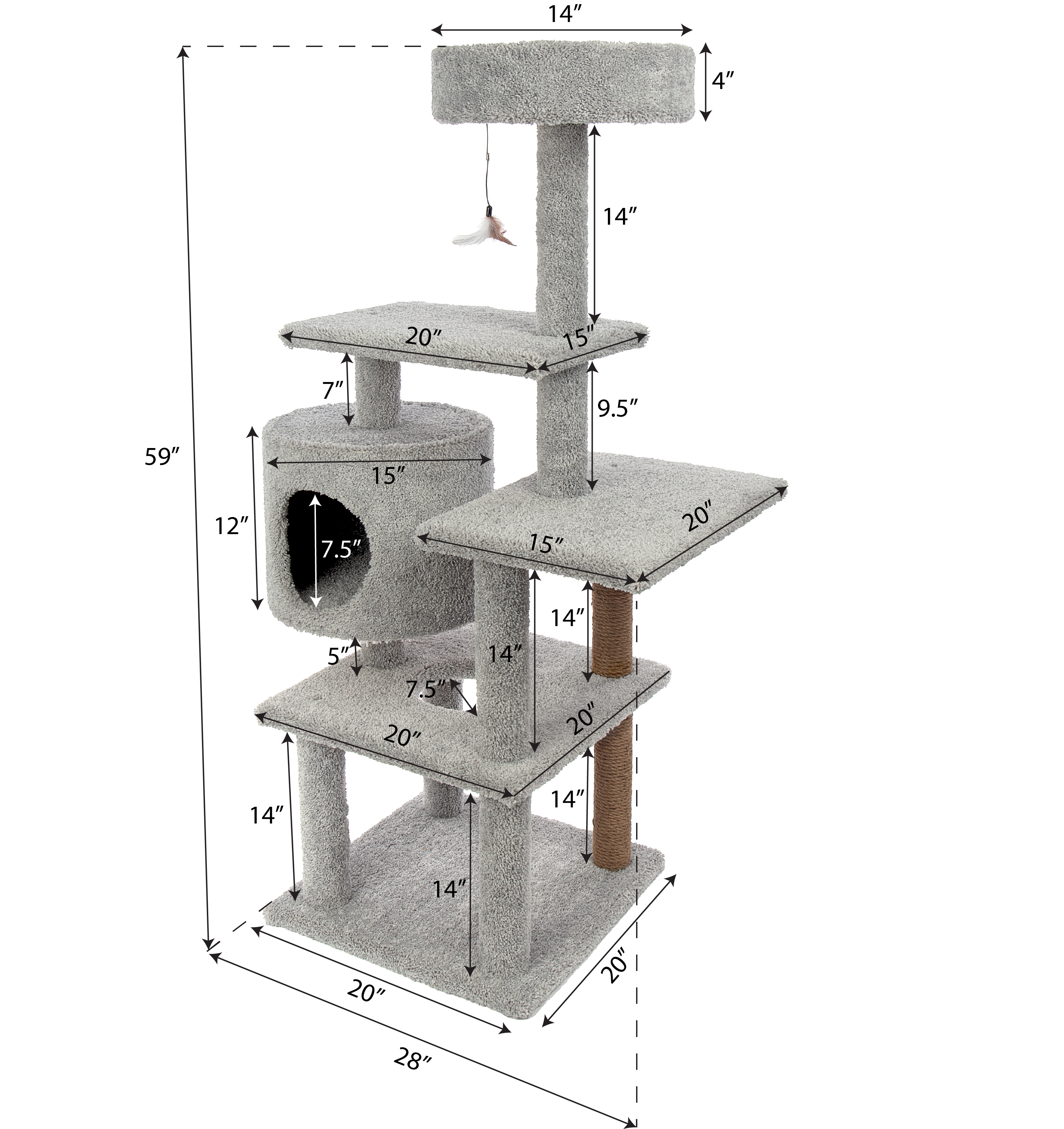 Kitty-Quick 59-in Solid Wood Cat Tree, Grey