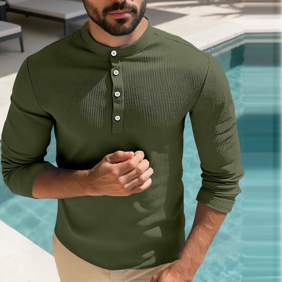 Aobny Waffle T-Shirts for Man Button Up Plain T-Shirt Big & Tall High Neck Long Sleeve Mens T-Shirts,Green,L