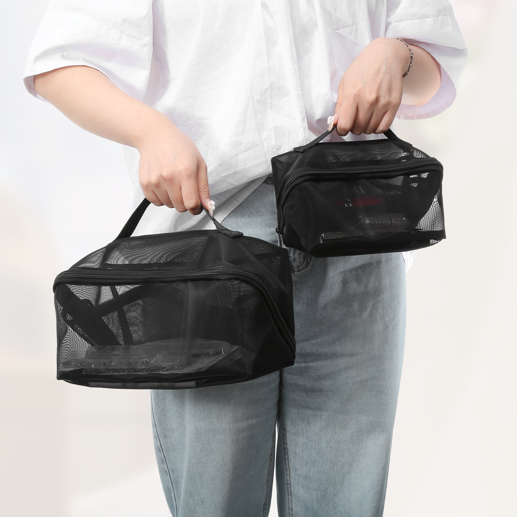 Unique Bargains Mesh Makeup Bag Large Makeup Bag Clear Mesh Pouch with Zipper Black