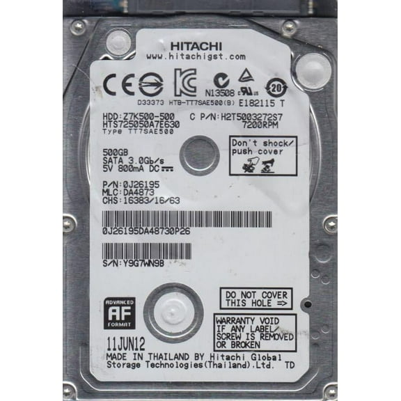HTS725050A7E630, PN 0J26195, MLC DA4873, Hitachi 500GB SATA 2.5 Hard Drive