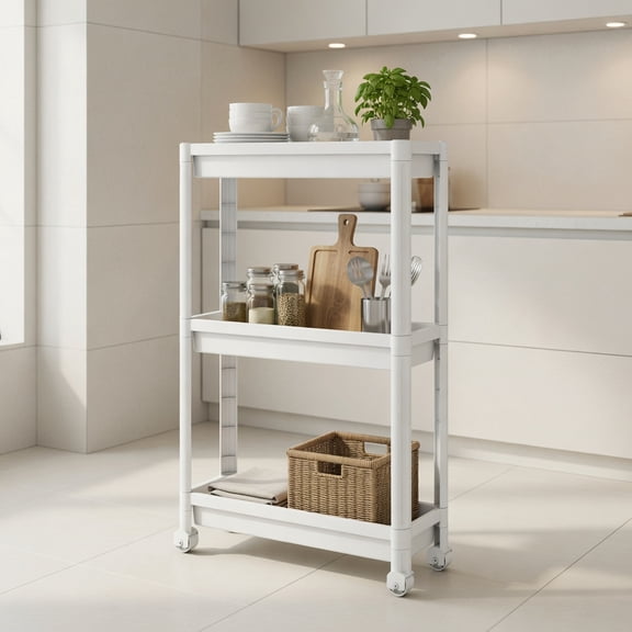 Resenkos 2-Pack 3-Tier Slim Rolling Storage Cart, Mobile Multi-Functional Organizer with Wheels for Bathroom, Kitchen, White
