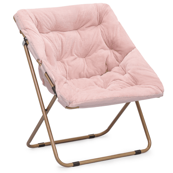 XgoodX Pink 27.5" Foldable Soft Faux Fur Saucer Chair Home Metal Frame Cozy Moon Chair