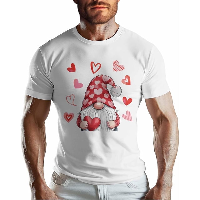 T-Shirts for Men, Valentine's Day Gnome Crew Neck Cotton T-Shirt Men's Short Sleeve Love Dwarf