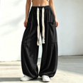 thumbnail image 2 of Womens Casual Cargo Pants Solid Color Drawstring Wide Leg Jogger Loose Fit Baggy Workout Trousers With Pockets, 2 of 4