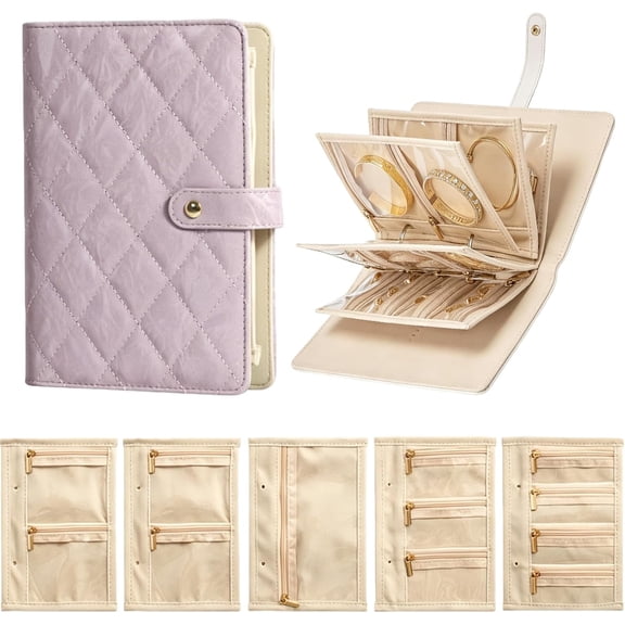 Travel Jewelry Notebook with 5 Detachable Pages, PU Leather Jewelry Storage Book Ring Binder, Velvet Jewelry Pouch Bag with Zippers, for Necklaces, Rings, Earrings, Tangle-Free (Purple)