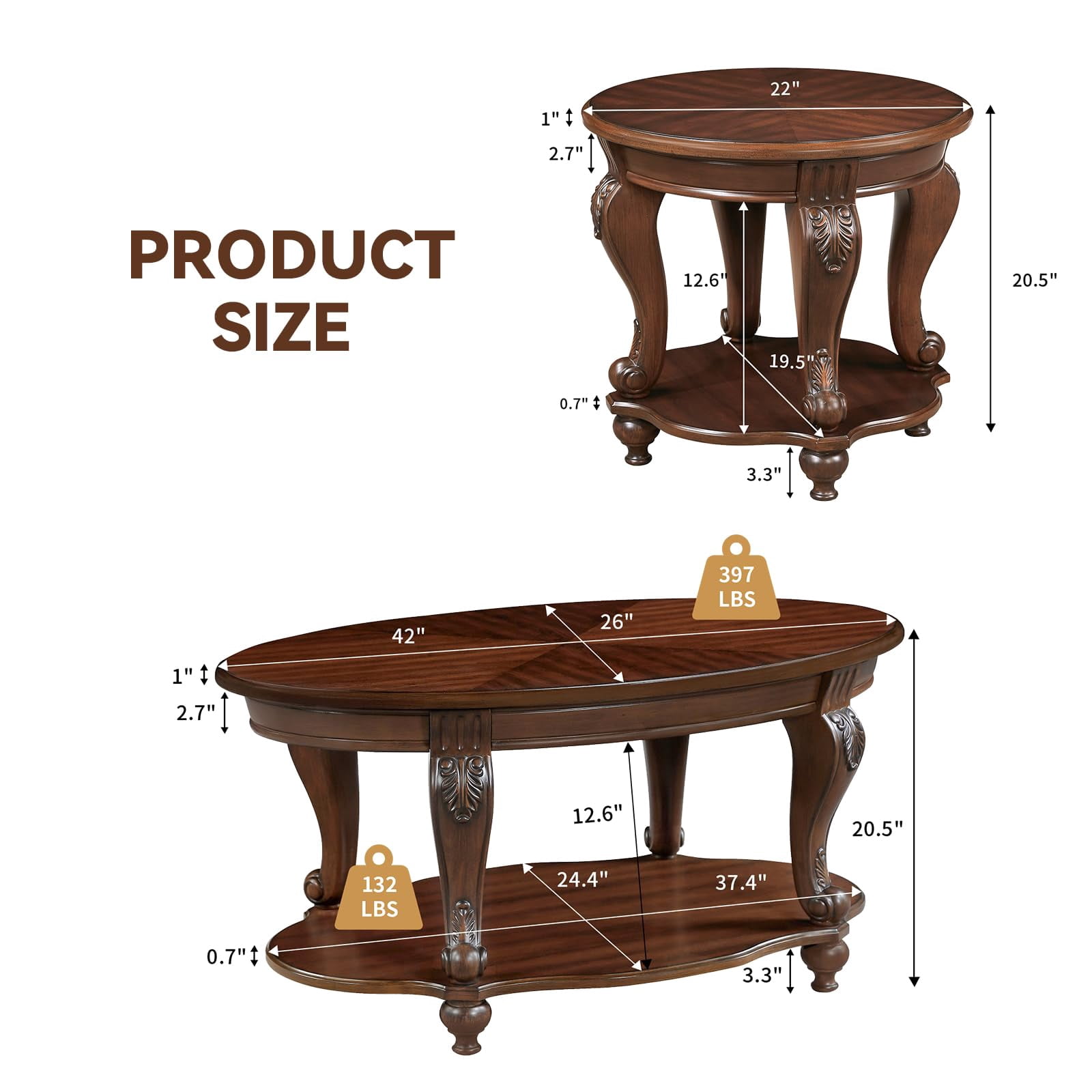 LKTART 3-Piece Vintage Oval Coffee Table Set - Cherry Wood Table with Carved Legs for Living Room & Office