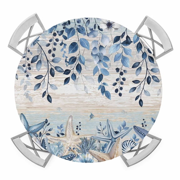 Blue Coastal Starfish Round Tablecloth for 55-60 Inch Tables,Fitted Table Cover with Elastic Edge,Beach Nautical Shell Eucalyptus Vintage Waterproof Outdoor Table Cloth Protector for Patio Dinner