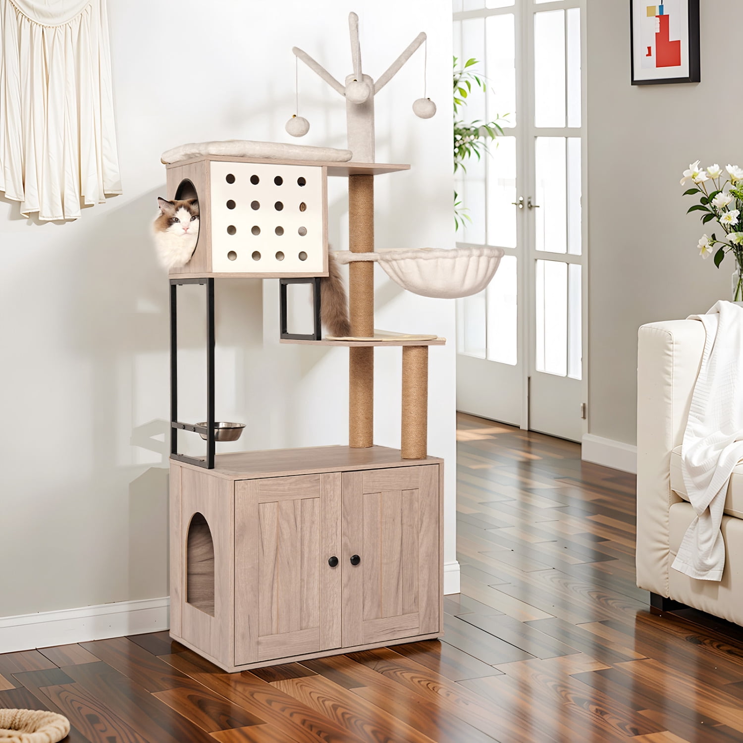 Space-Saving Cat Condo with Litter Box Enclosure - 3-Tier Scratching Posts & Feeding Station, Modern Gray Cat Tree with Removable Toys
