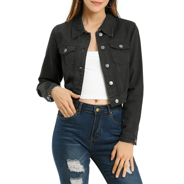 CHAQUETA DE JEAN CORTA PARA MUJER INSPIRADA CHIC CON BOLSILLO EN EL PECHO Y DETALLES A CUADROS, CON BOTONES, TALLA XL, NEGRO