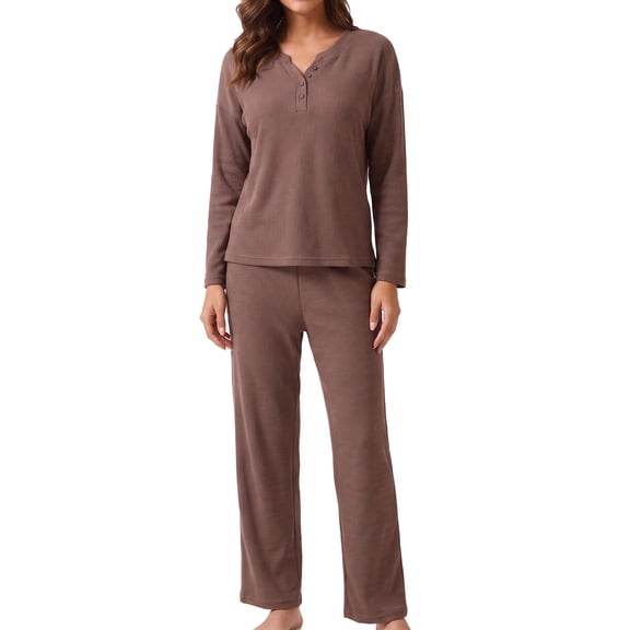 MecTo Pajamas Set for Women Casual Long Sleeve Henley Neck Waffle Sleepwear Loungewear,PJ Set 2 Piece (Women's)