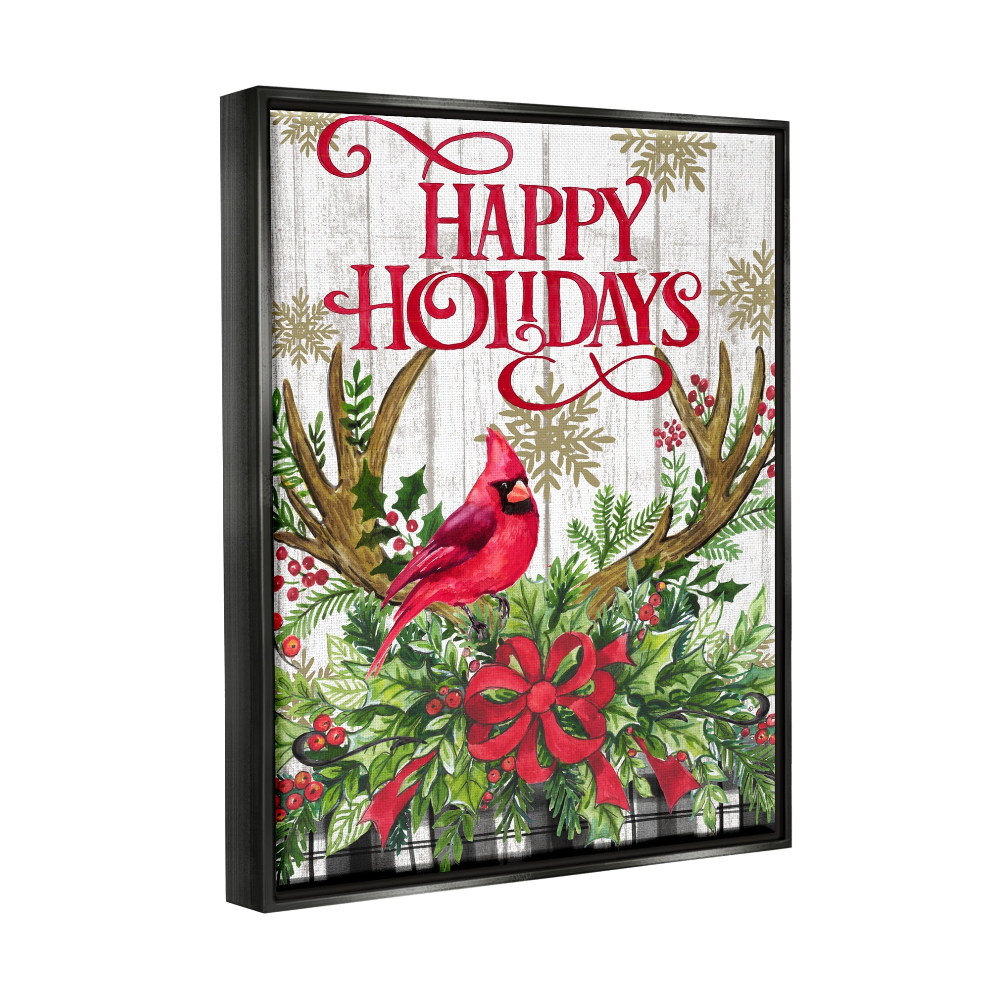 Stupell Industries Happy Holidays Cardinal Holiday Painting Black Floater Framed Canvas Art Print Wall Art, 25 x 31