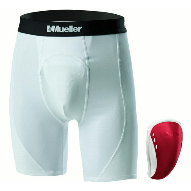 Mueller Teen Athletic Support Shorts with Flex Shield Cup, White/Red