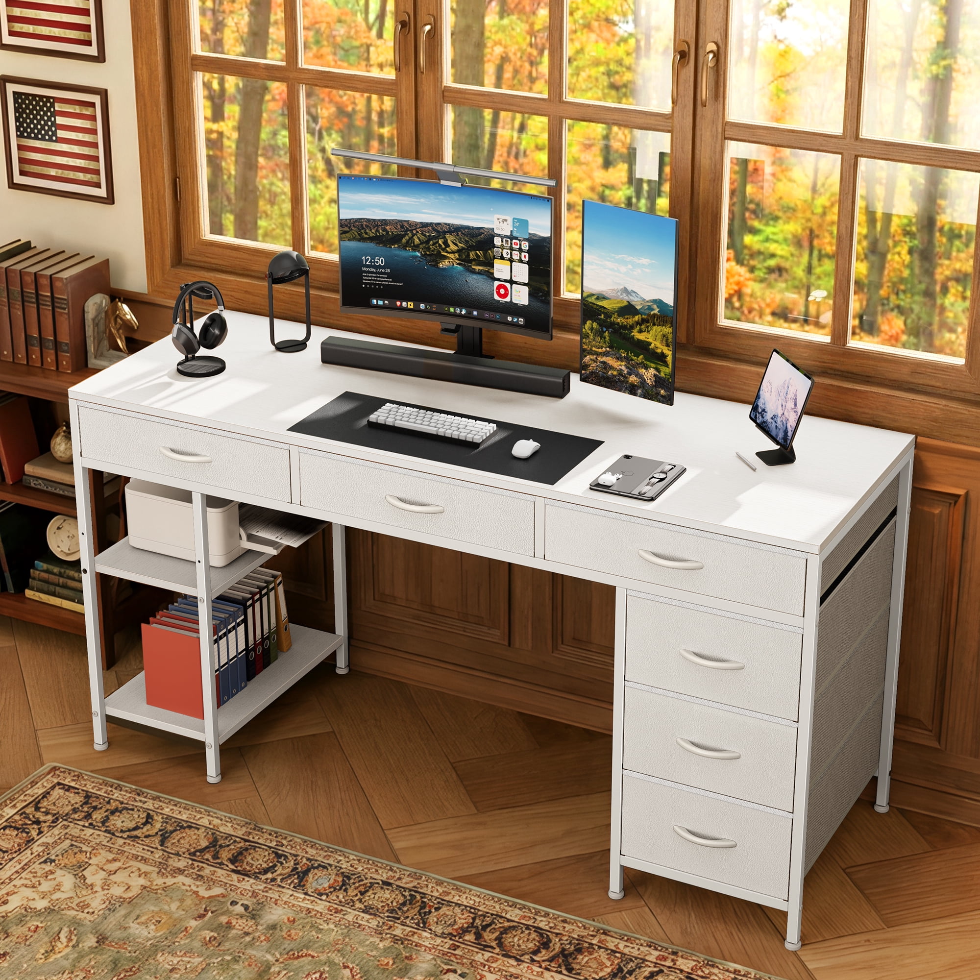 Amadwell 47" Desk with Drawers & Storage, Office Desk with Reversible Shelves, Gaming Computer Desk, White