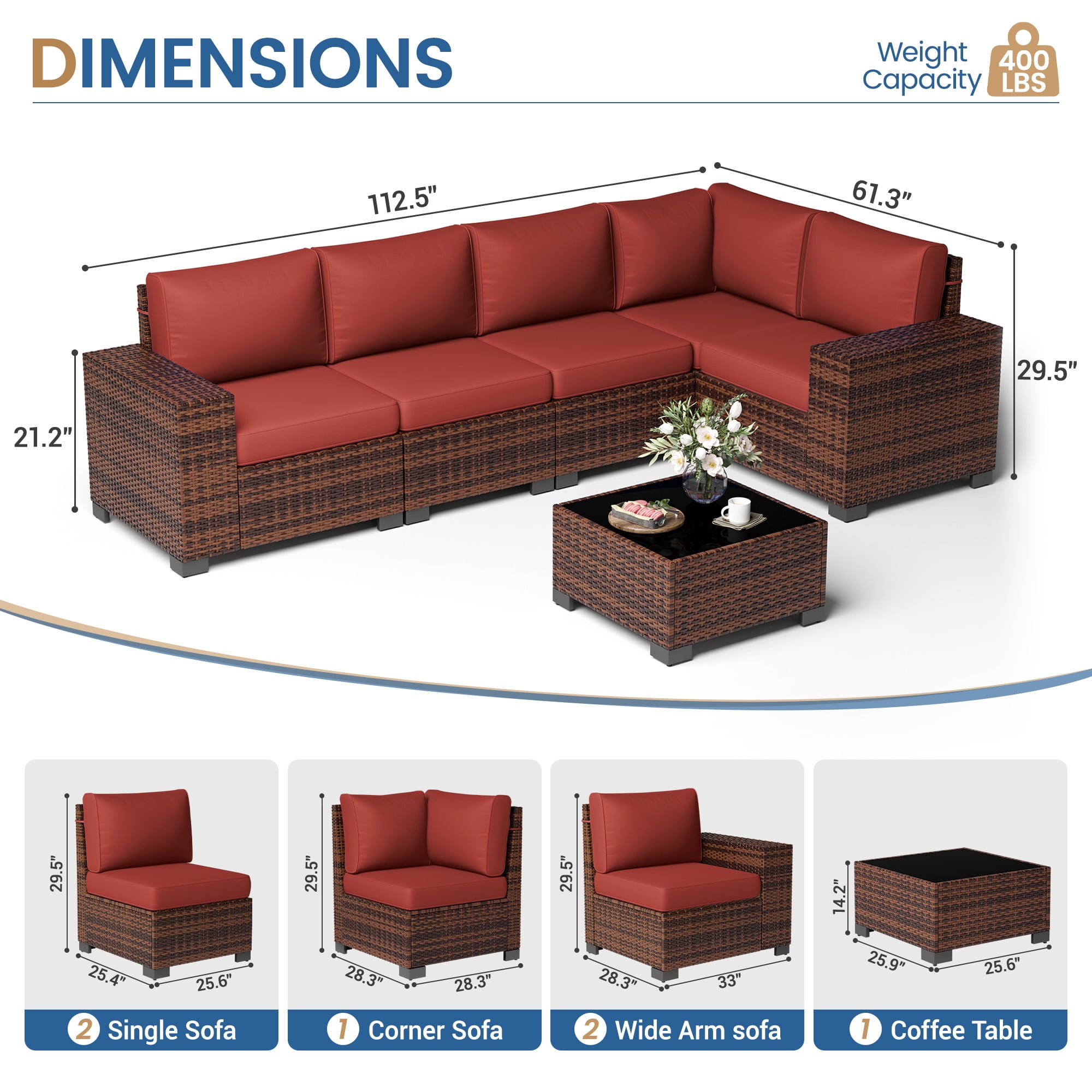 Poteban Patio Furniture Set 6 PCS Outdoor Sectional Conversation Sets Featuring Widen Wicker Armrests and High Back,Brown&Red