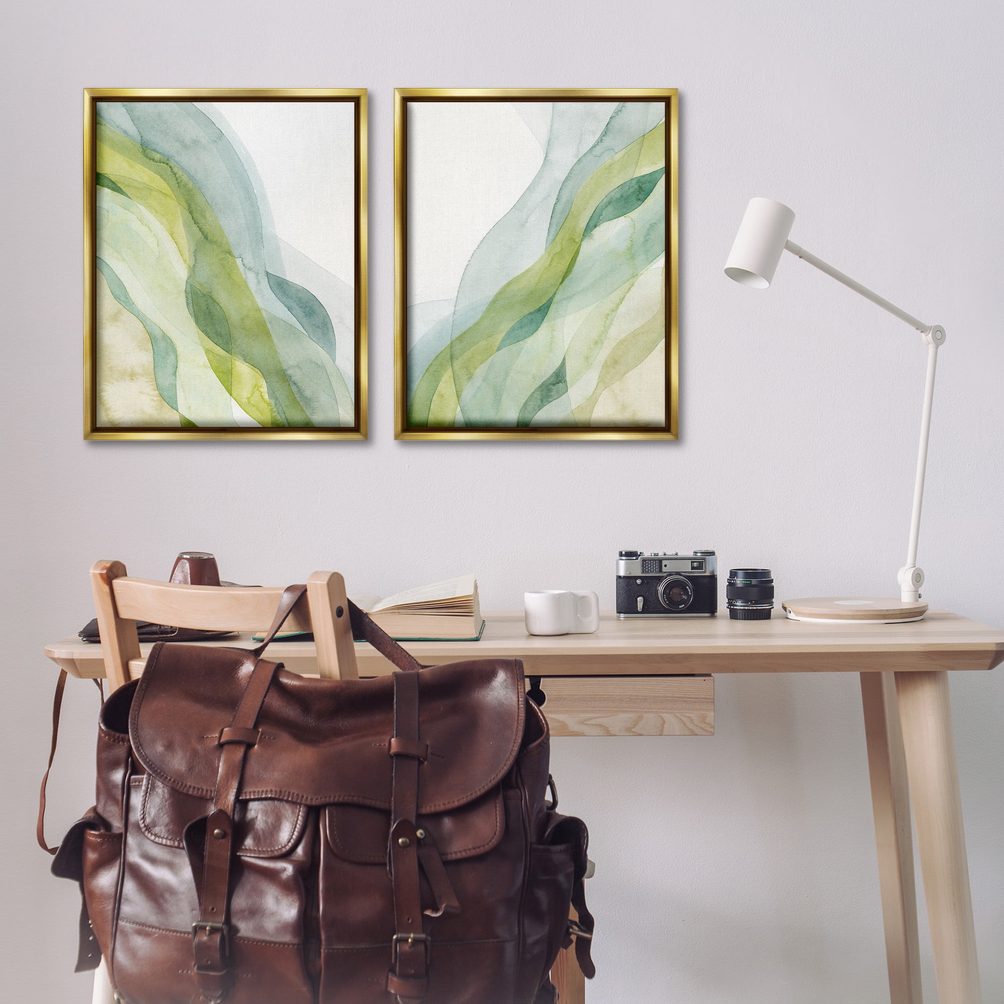 Stupell Industries Abstract Green Waves Abstract Painting Gold Floater Framed Canvas Art Print Wall Art, 25 x 31, Set of 2