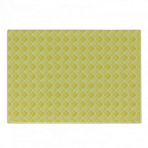 Yellow Cutting Board, Quatrefoil Moroccan Themed Geometric Ombre Pattern Art, Decorative Tempered Glass Cutting and Serving Board, Small Size, Merigold Yellow, by Ambesonne