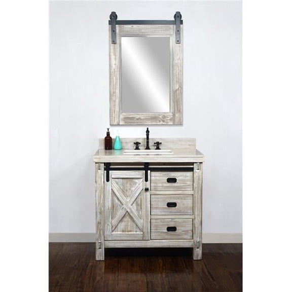 WK8536-W-CS SQ TOP 36 in. Rustic Solid Fir Barn Door Style Single Sink Vanity in White Wash with Coastal Sands Marble Top with Rectangular Sink - No Faucet - 37 x 34.6 x 22 in.