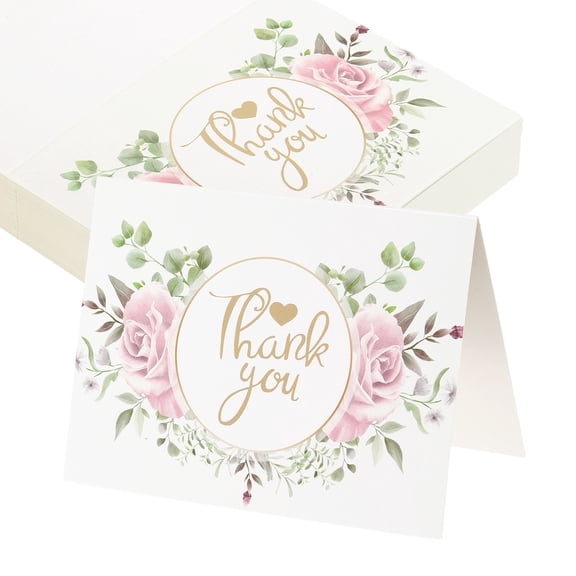 Uxcell 50Pcs Thank You Cards, 3.7"x5.5" Floral Folded Blank Cardstock, Thank You Notes for Greeting Cards Wedding Graduation Birthday DIY Craft Invitations, Twin Roses Style