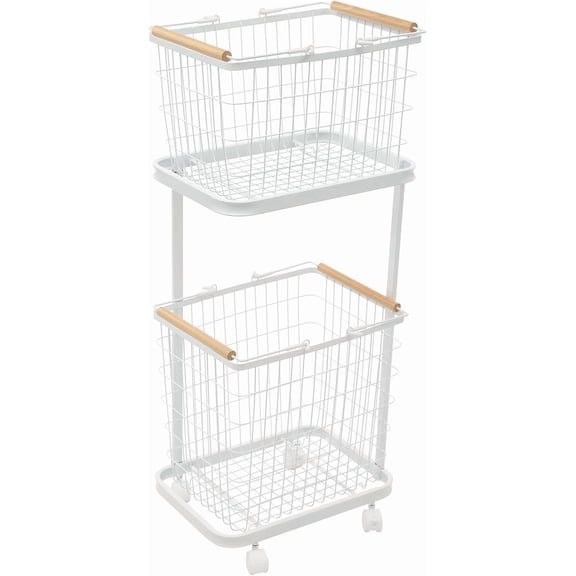 2Tier Laundry Basket, Removable Metal Wire Laundry Cart with 4 Universal Wheels Rolling Laundry Basket Floor Standing Clothing Garment Sorting Hamper Organizer Load Bearing Capacity 88.18 lbs (White)