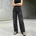 thumbnail image 6 of LEAVINGSUO Straight Leg Cargo Jeans Trousers for Women Fashion High Waisted Pockets Solid Color Button Zipper Casual Denim Pants Black S, 6 of 7