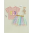 thumbnail image 4 of Toddler Baby Girl Easter Outfits 6 12 18 24 Months 2T 3T 4T Rabbit Embroidery Crew Neck Short Sleeve T-Shirts Tops Rainbow Tulle Skirts 2Pcs Clothes Set, 4 of 9