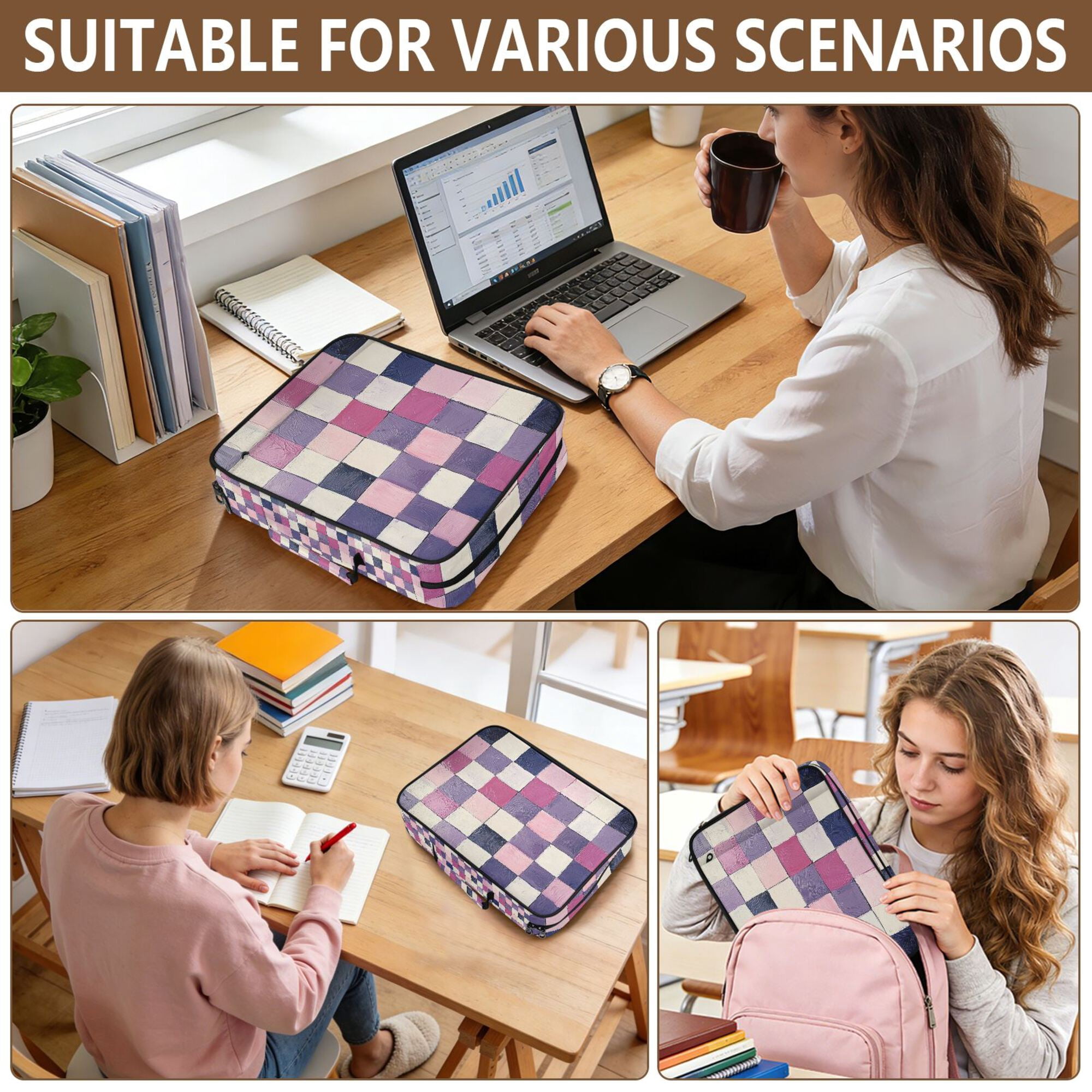 FORMRS Accordion File Folder A4 Size 7-Pocket Expanding Document Organizer Bag with 3 Ring Binder, Pink and Purple Plaid Pattern