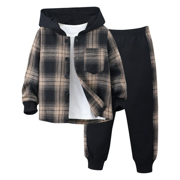 Kids Sweatsuit Set 2PCS Kids Outfits for Boys Tracksuit Hoodie and Jogger Set Casual Plaid Long Sleeve Pullover Hoodie Sweatsuit Sport Clothes Sets Girls' Activewear 6-7 Years Kids Coffee Sweatsuit