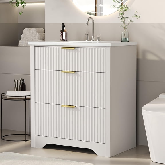 30" Fluted Bathroom Vanity with Sink,Farmhouse Freestanding Bathroom Sink Cabinet t with 2 Drawers & Flip-Down Drawer, Easy Assembly for Bathroom Remodel