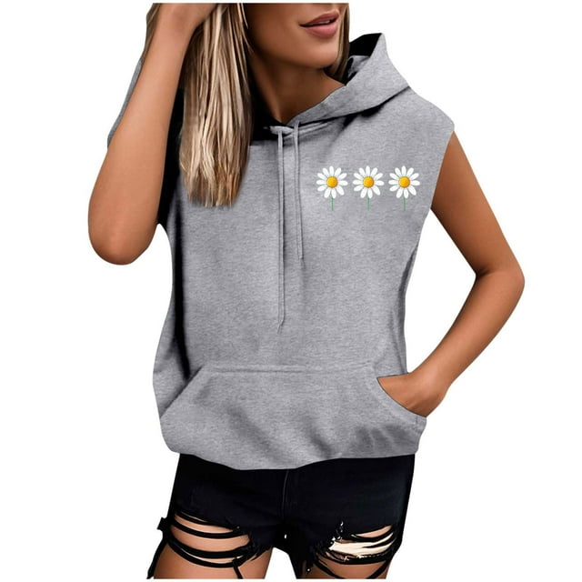 Sombrero Superior para las Mujeres Manga Corta Delantera Y Trasera Impresa Cuerda de Bolsillo con Capucha Sudadera Superior, Desgaste Casual Toda la Temporada