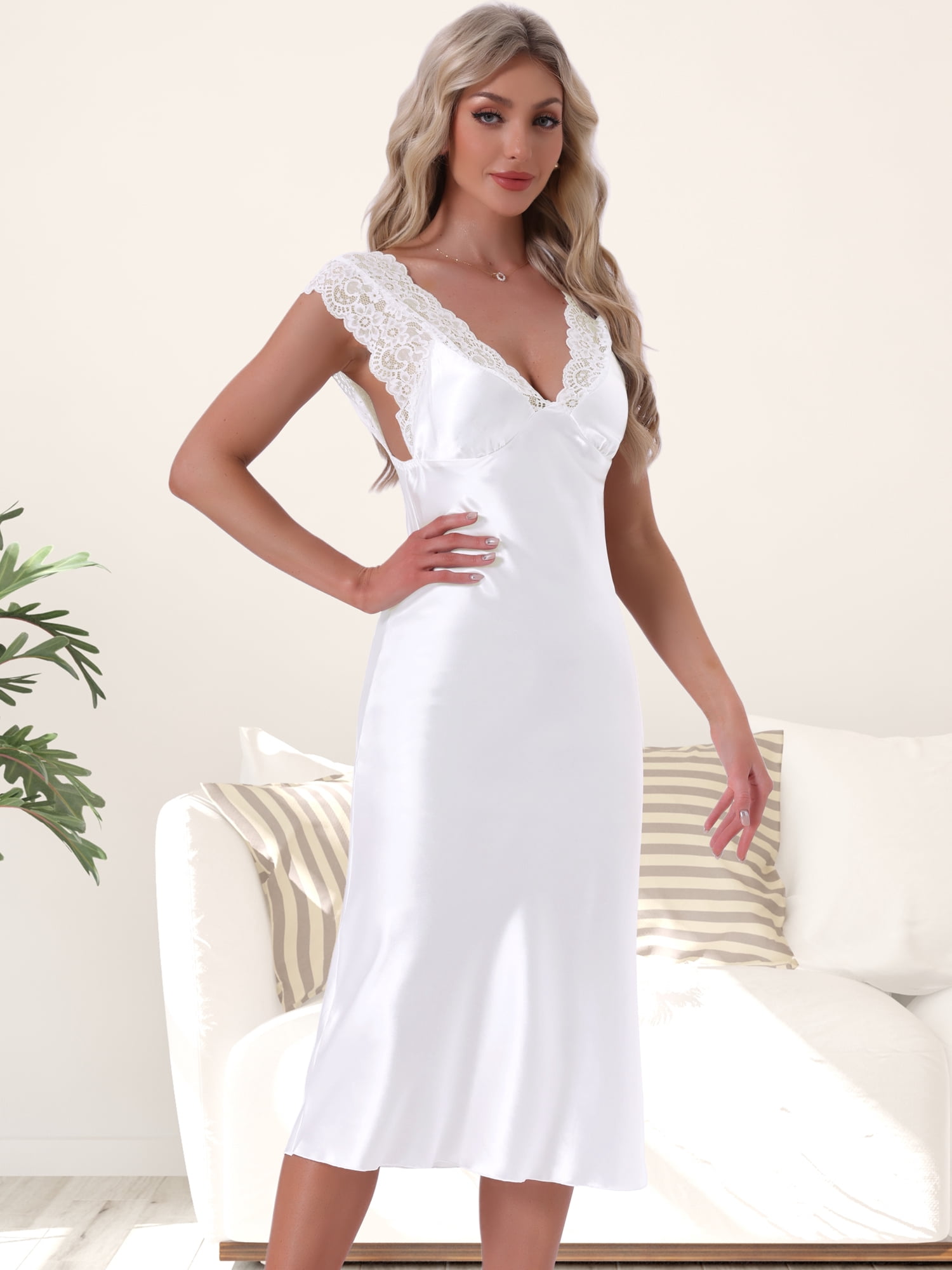 DARING DIVA Women's Satin Tank Lace Trim V-Neck Sleepwear Pajama Dress M White