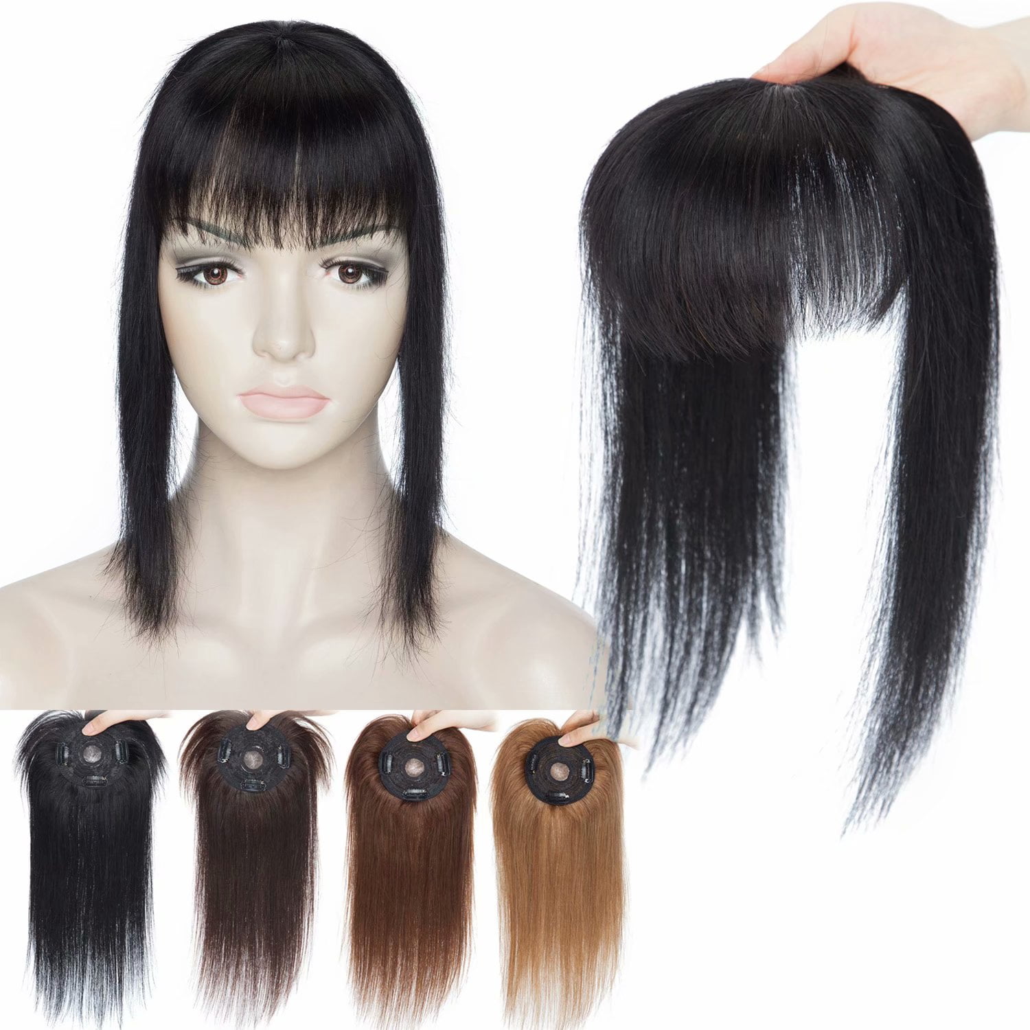 Benehair 100% Remy Human Hair Extensions Clip In Women's Topper Toupee Hairpiece With Bang Mono Base Wiglet Hair Loss Black US