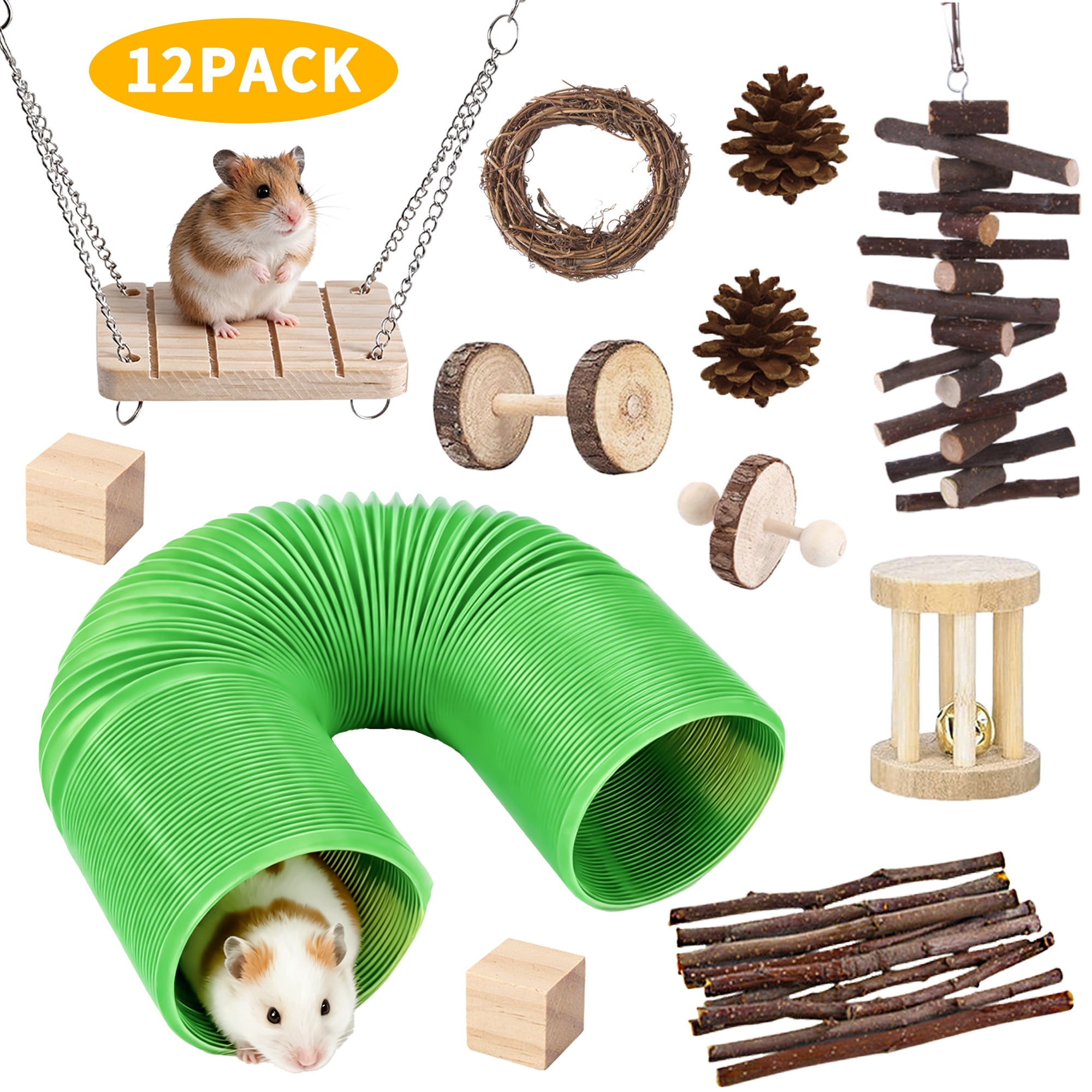WLGJL 12 PCS Hamster Toys Set, Guinea Pig Toys Small Animal Chewing Toy and Rat Cage Accessories, Chinchillas, Gerbils, Rats, Rabbit Rodents Teeth Care, Mouse Toy Swing Seesaw Bridge