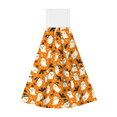 

Qekee Cute Ghosts Print Hanging Kitchen Towels Coral Velvet Wipe Hand Towel Absorbent Hand Towels Microfiber Tie Towel for Bathroom Kitchen Decor