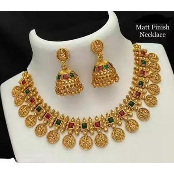 Traditional Matt Finish Temple Coin Necklace Set with Jhumka Earrings for Women