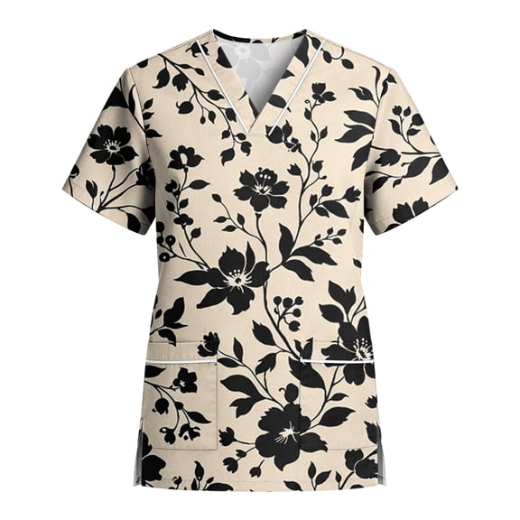 Delconic Women’s Stretch Quick Dry V Neck Short Sleeve Printed Scrub Top with Pockets for Healthcare and Nursing Uniforms Beige L