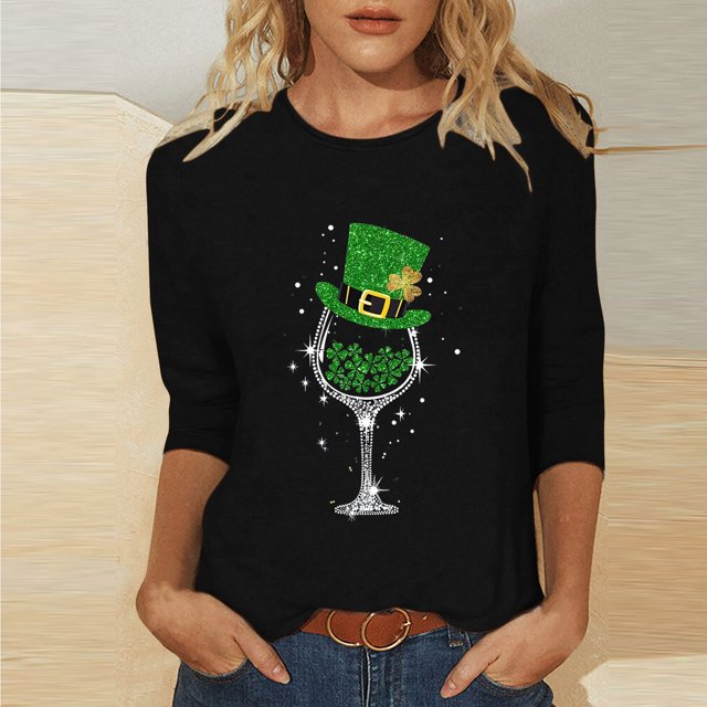 T-Shirt Ample à Manches Trois-Quarts et Col Rond Imprimé pour la Saint-Patrick pour Femmes