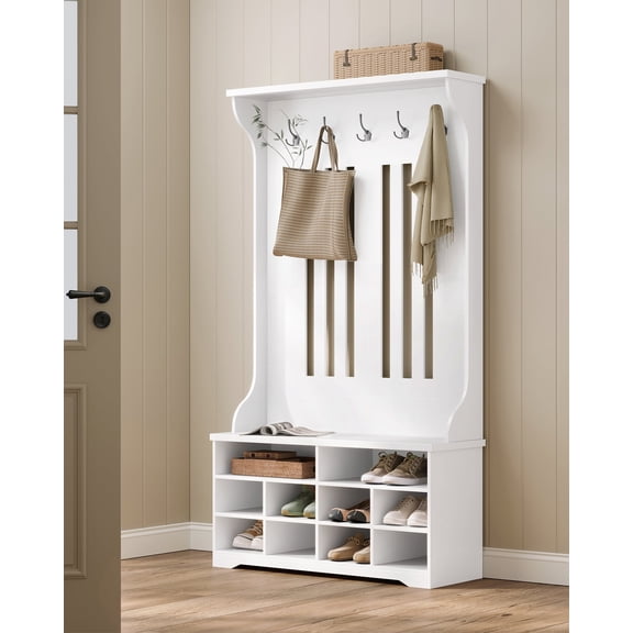 Hall Tree with Bench and Shoe Storage, Freestanding Coat Rack with 5 Hooks & 10 Adjustable Compartments, for Entryway Mudroom, Cloud White