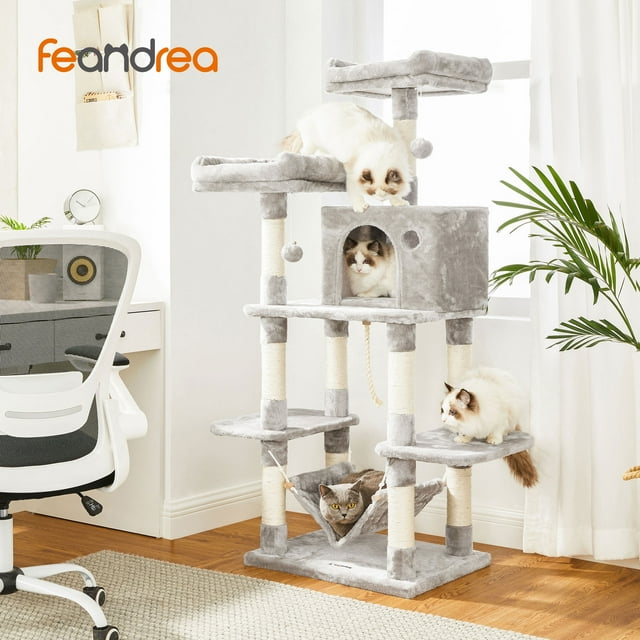 Feandrea 59.1 Inch Cat Tree Condo with Scratching Post, Kitty Tower Pet Playhouse, Light Gray
